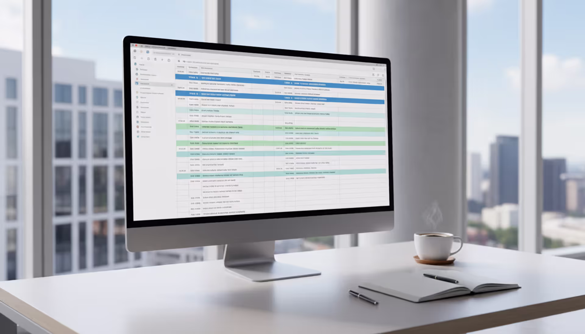 Modern workspace with a large monitor displaying a colorful multi-track event schedule grid, coffee cup and notebook on the desk, bright minimalist office background