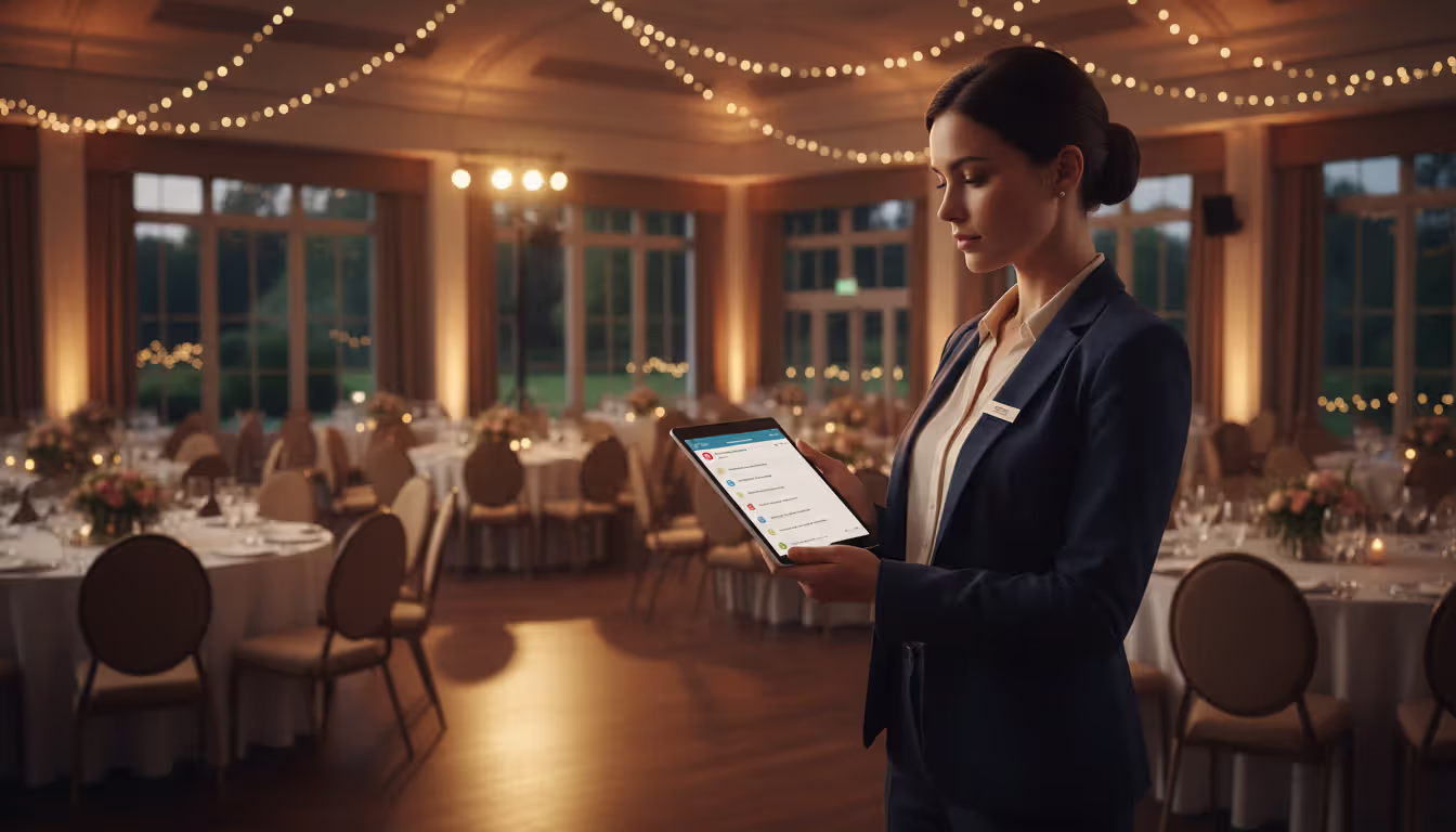 Female venue manager standing in spacious banquet hall holding tablet with notifications on screen, rows of chairs set up for event in background