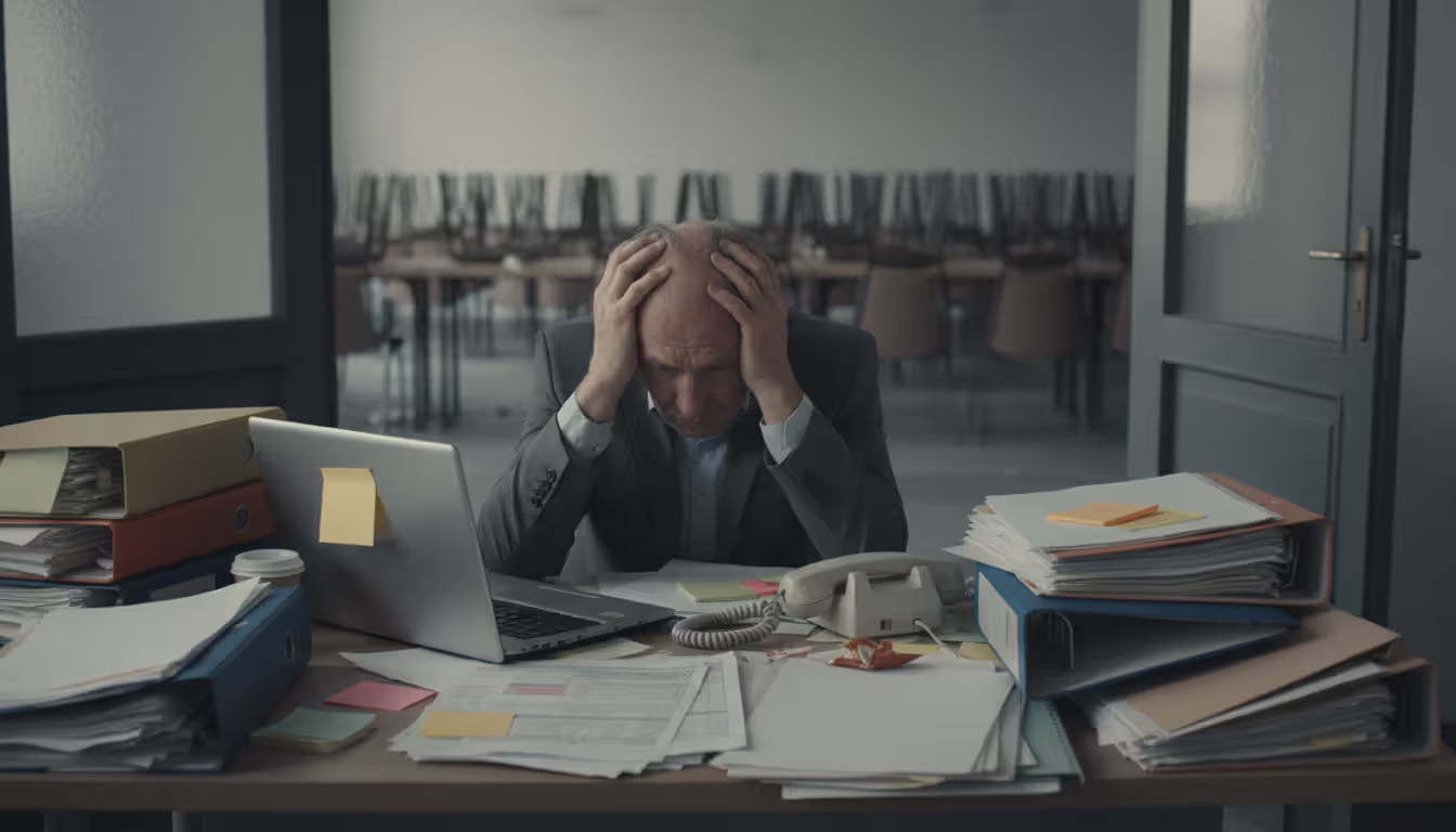 Frustrated male administrator sitting at cluttered desk covered with papers and sticky notes, holding his head, laptop open, empty event hall visible through doorway in background