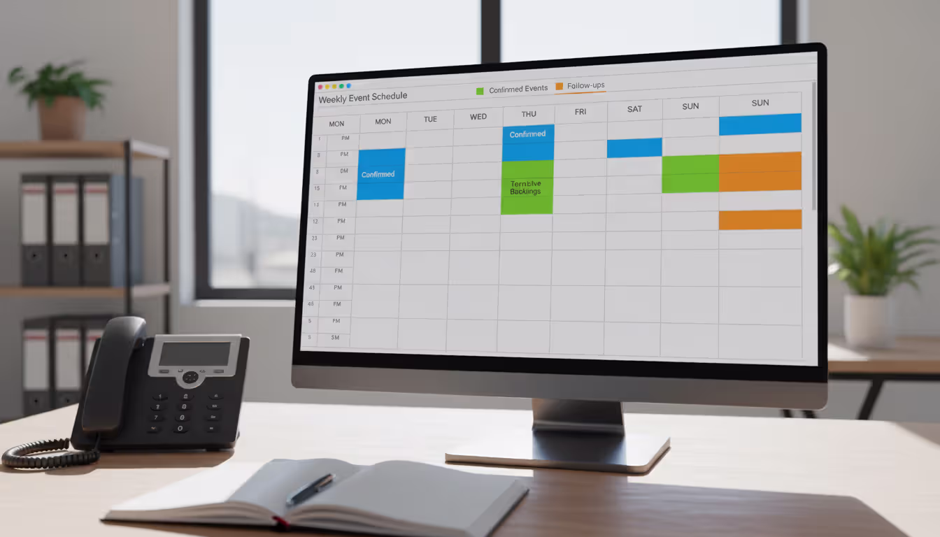 Catering manager workspace with a monitor displaying a color-coded weekly event scheduling grid in specialized software