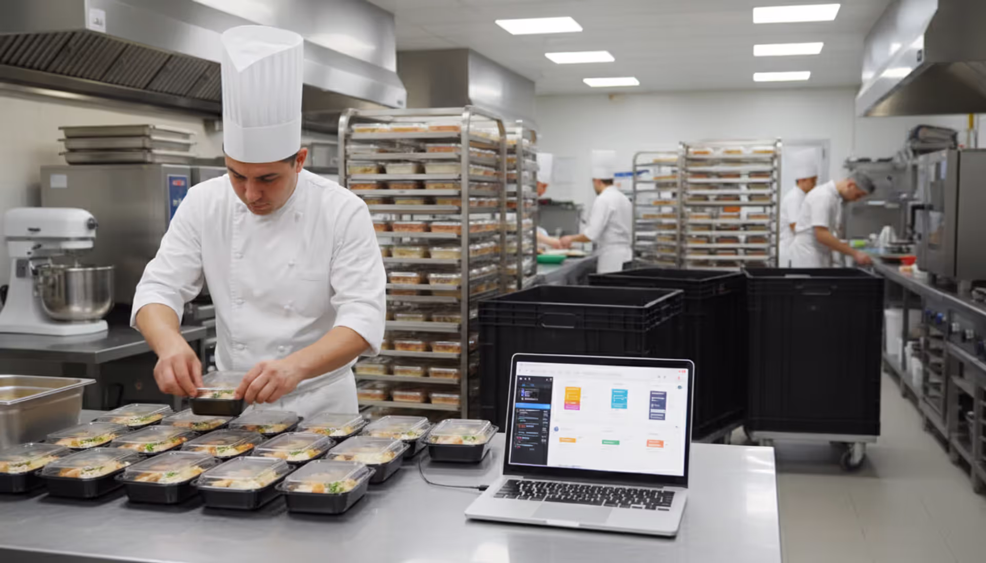 Professional catering kitchen with a chef preparing plated dishes next to an open laptop showing event management software interface