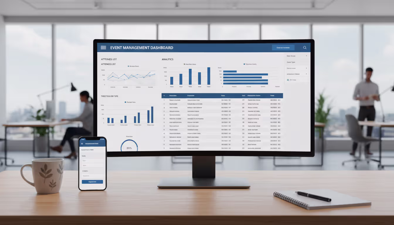 Event manager workspace with a desktop dashboard showing attendee lists and analytics next to a smartphone displaying a mobile registration form