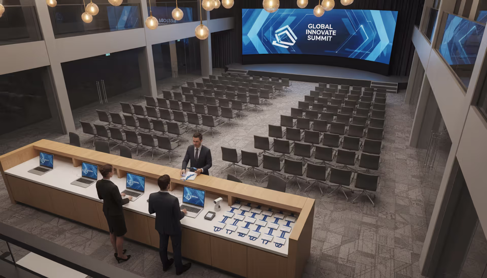 Corporate conference registration desk in a modern event venue with professionals checking in and a large stage screen in the background