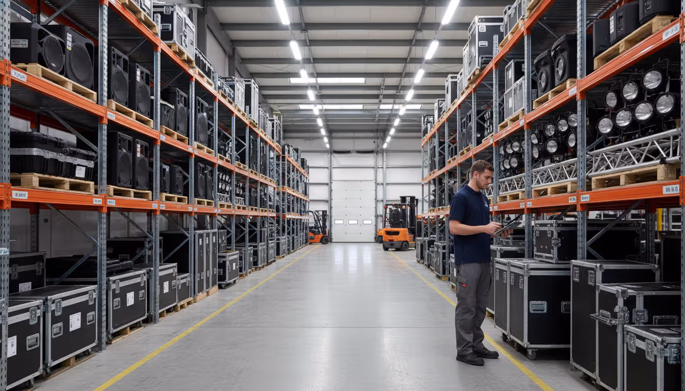 Warehouse worker scanning barcode on equipment case with a tablet, event rental gear organized on shelves in the background