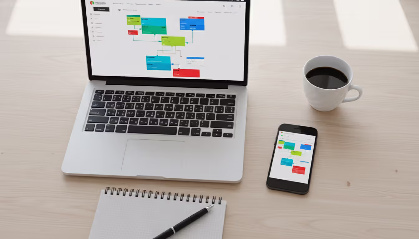 Top view of event manager desk with laptop and smartphone showing colorful booking dashboard interfaces, coffee cup and notebook nearby