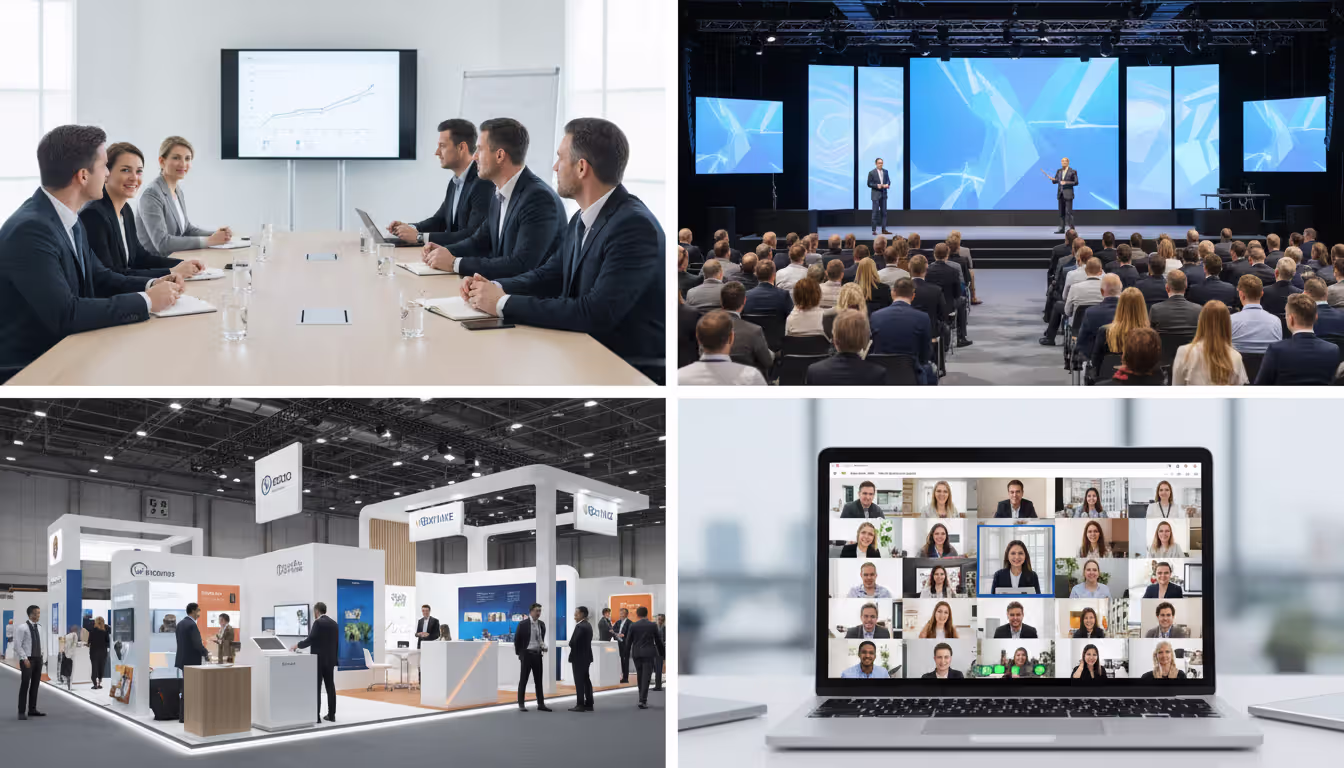 Collage showing corporate meeting trade show conference and virtual event formats