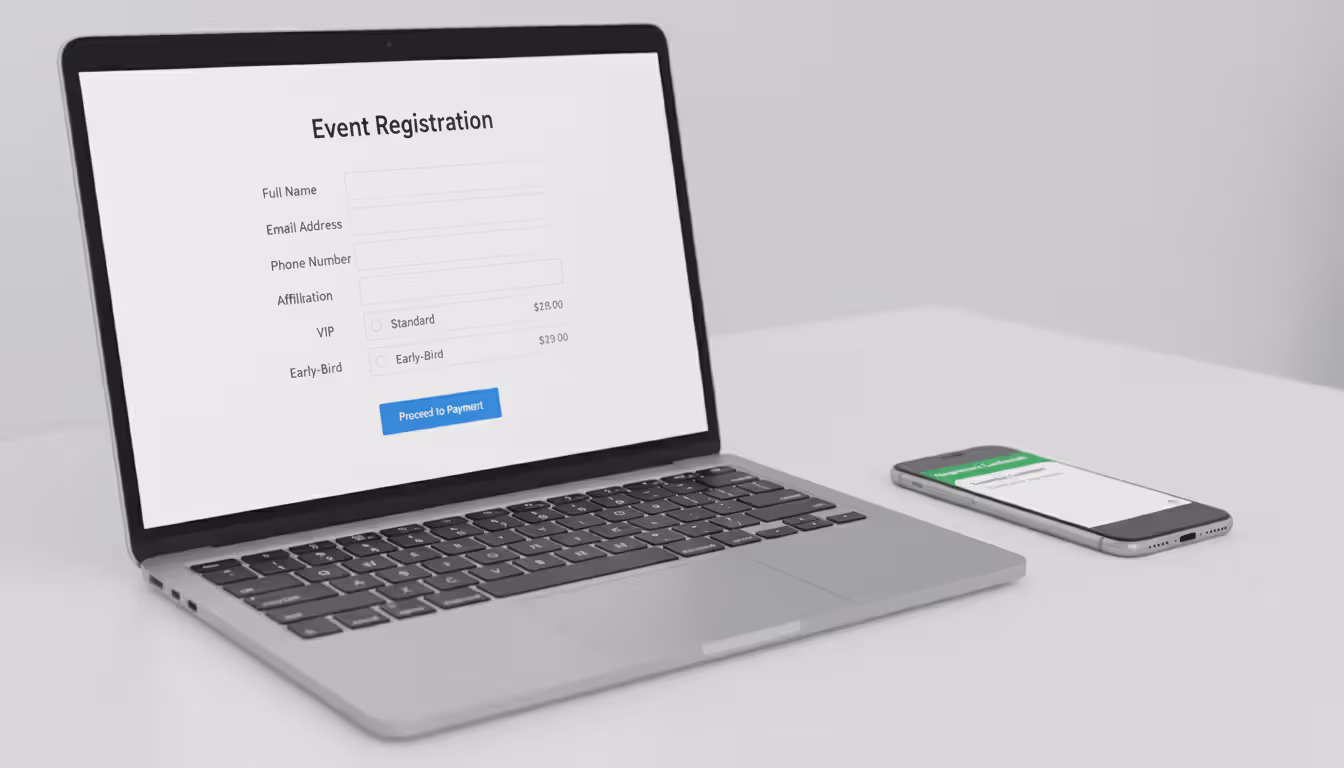 Laptop screen displaying online event registration form with ticket type selection and payment button, smartphone nearby showing registration confirmation notification