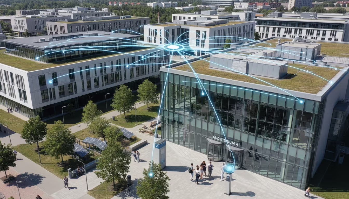 University campus aerial view with glowing digital connection lines between buildings symbolizing centralized event coordination system, students scanning badges at entrance