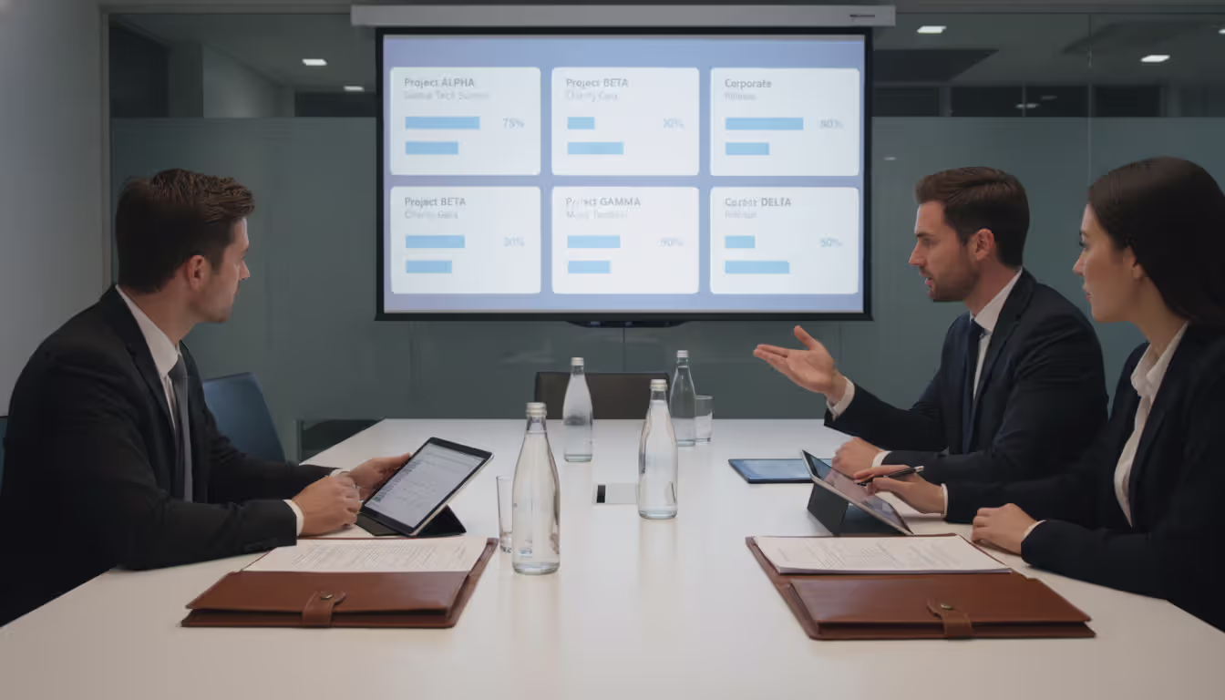 Event management team of three professionals in meeting room reviewing multi-client event dashboard projected on screen showing parallel project cards with progress bars