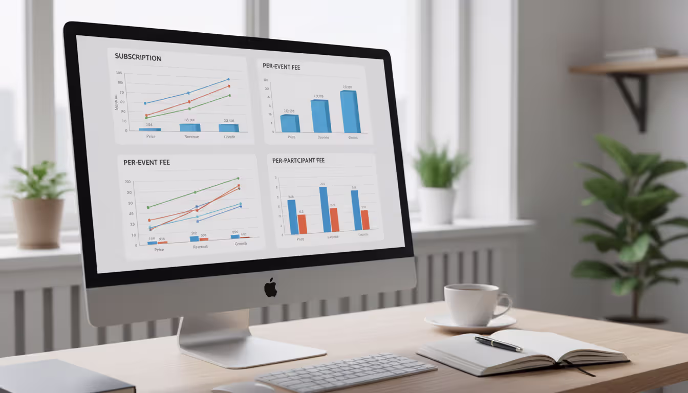 Desktop monitor displaying bar charts and diagrams comparing event software pricing models, notepad with pen and coffee cup on minimalist office desk