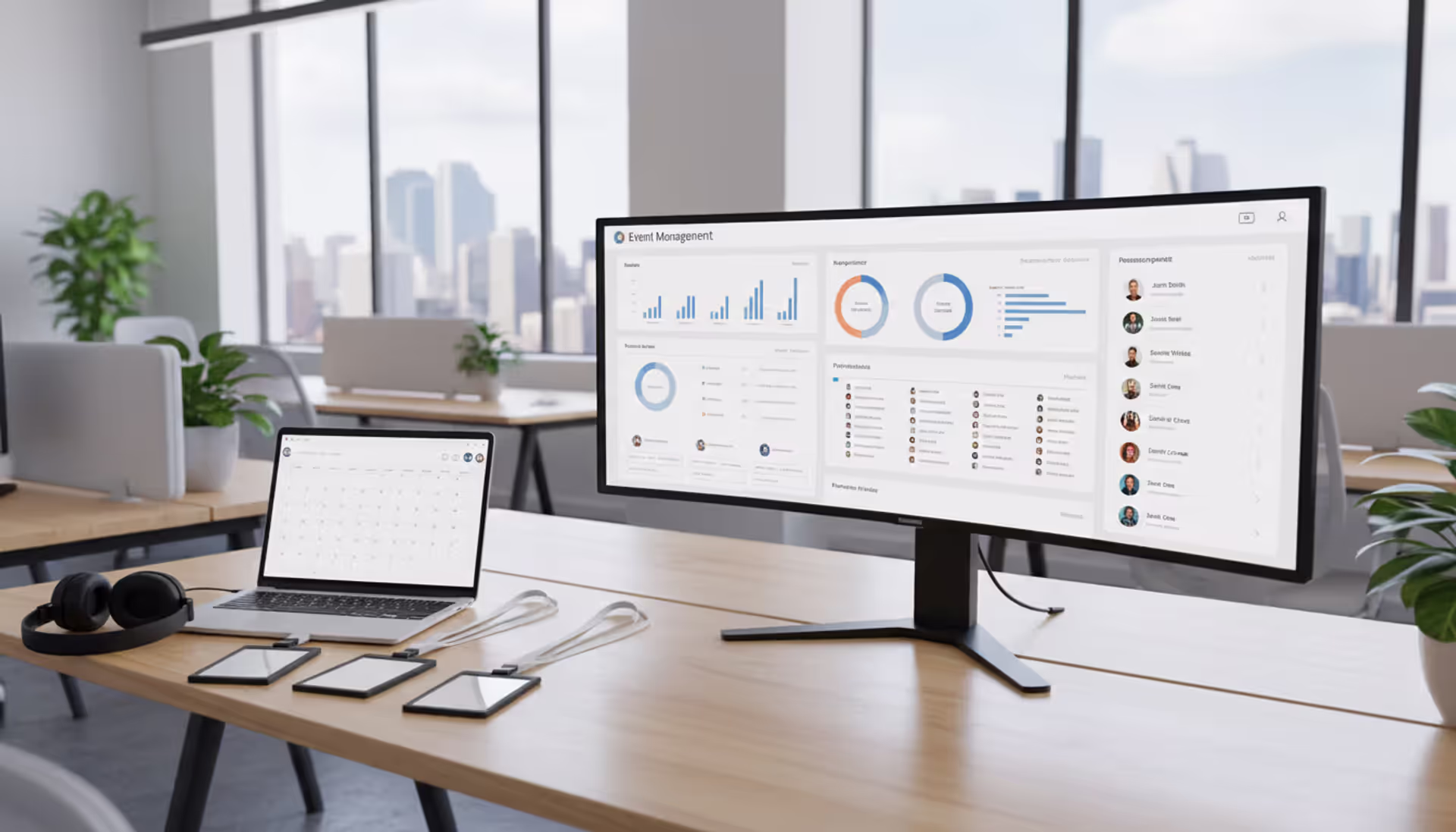 Modern event manager workspace with event dashboard on large monitor showing attendee lists and timelines, laptop, badges, and headset on a clean office desk