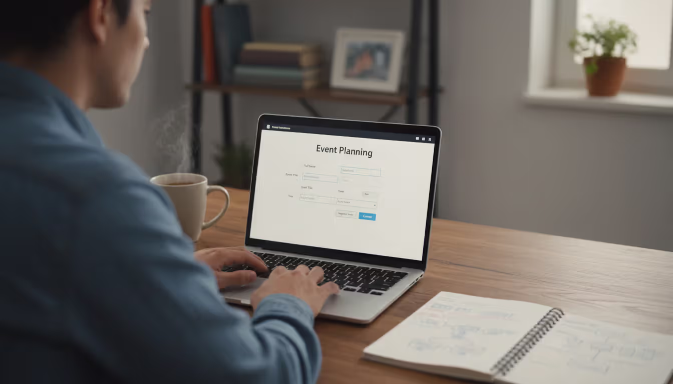 Person testing event planning software on a laptop with a registration form on screen and a notebook with notes beside it