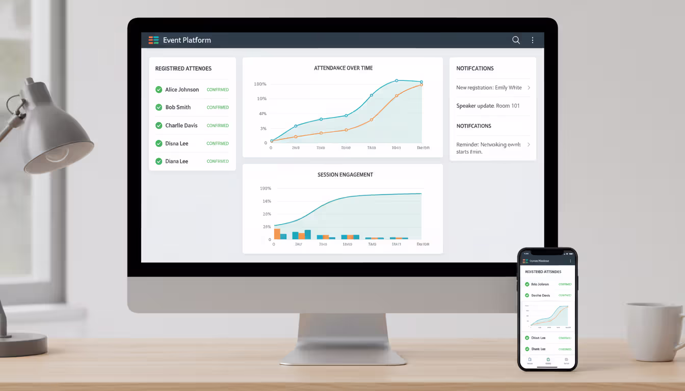 Desktop monitor and smartphone displaying a unified event management dashboard with attendee list and analytics charts
