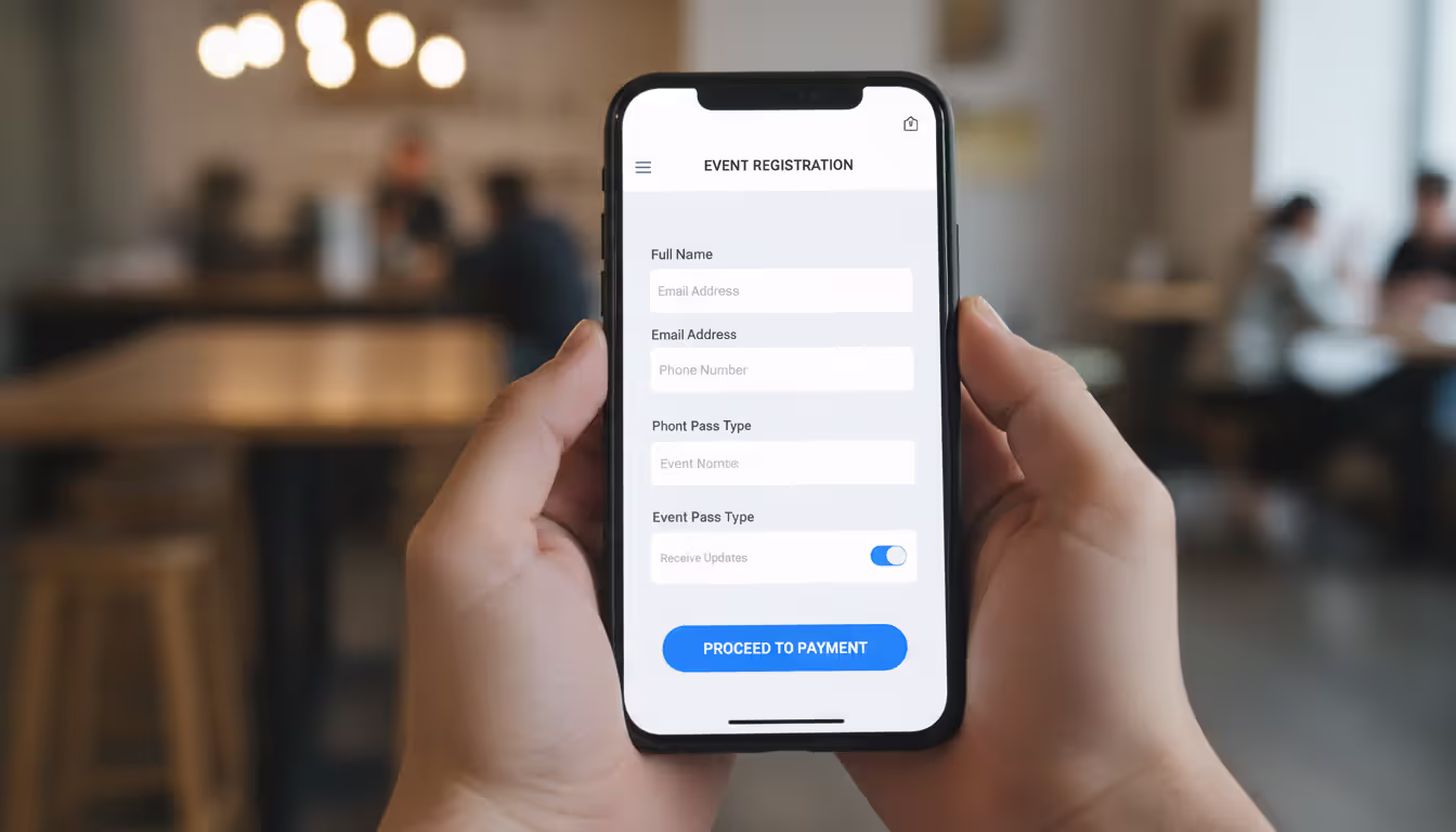 Hands holding a smartphone displaying a mobile-optimized event registration form with large buttons and input fields, blurred cafe background