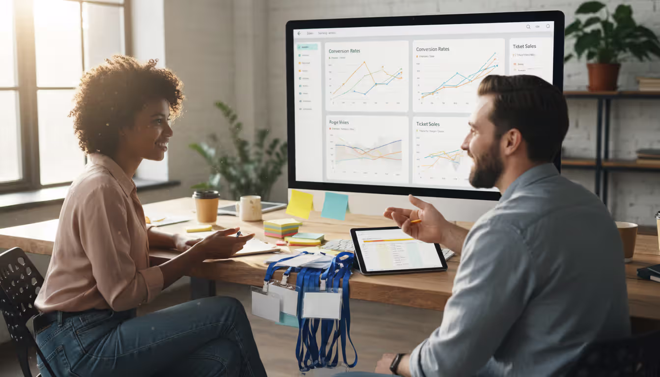 Two event organizers reviewing event page analytics with conversion charts on a large monitor, badges and sticky notes on the desk