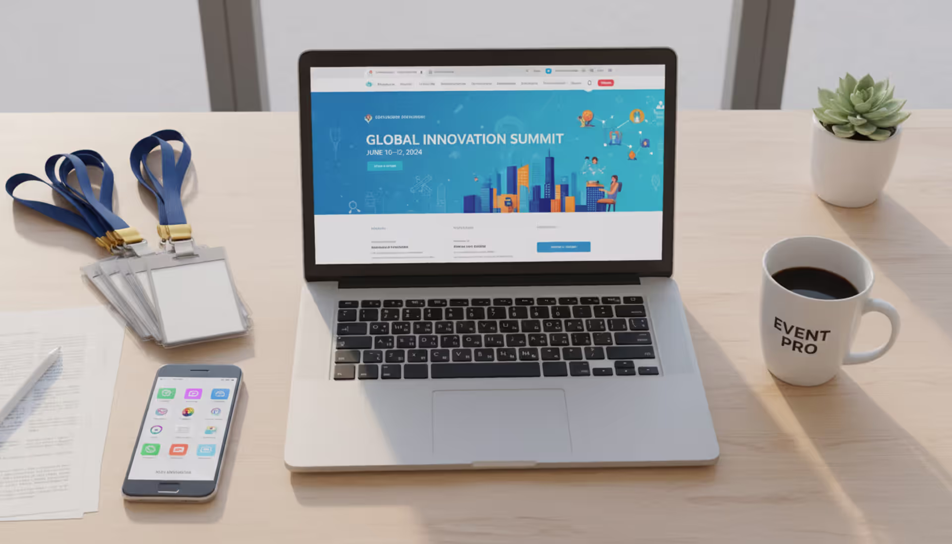 Laptop showing a colorful event registration page on a desk with attendee badges, lanyards, smartphone and coffee cup, top-down view