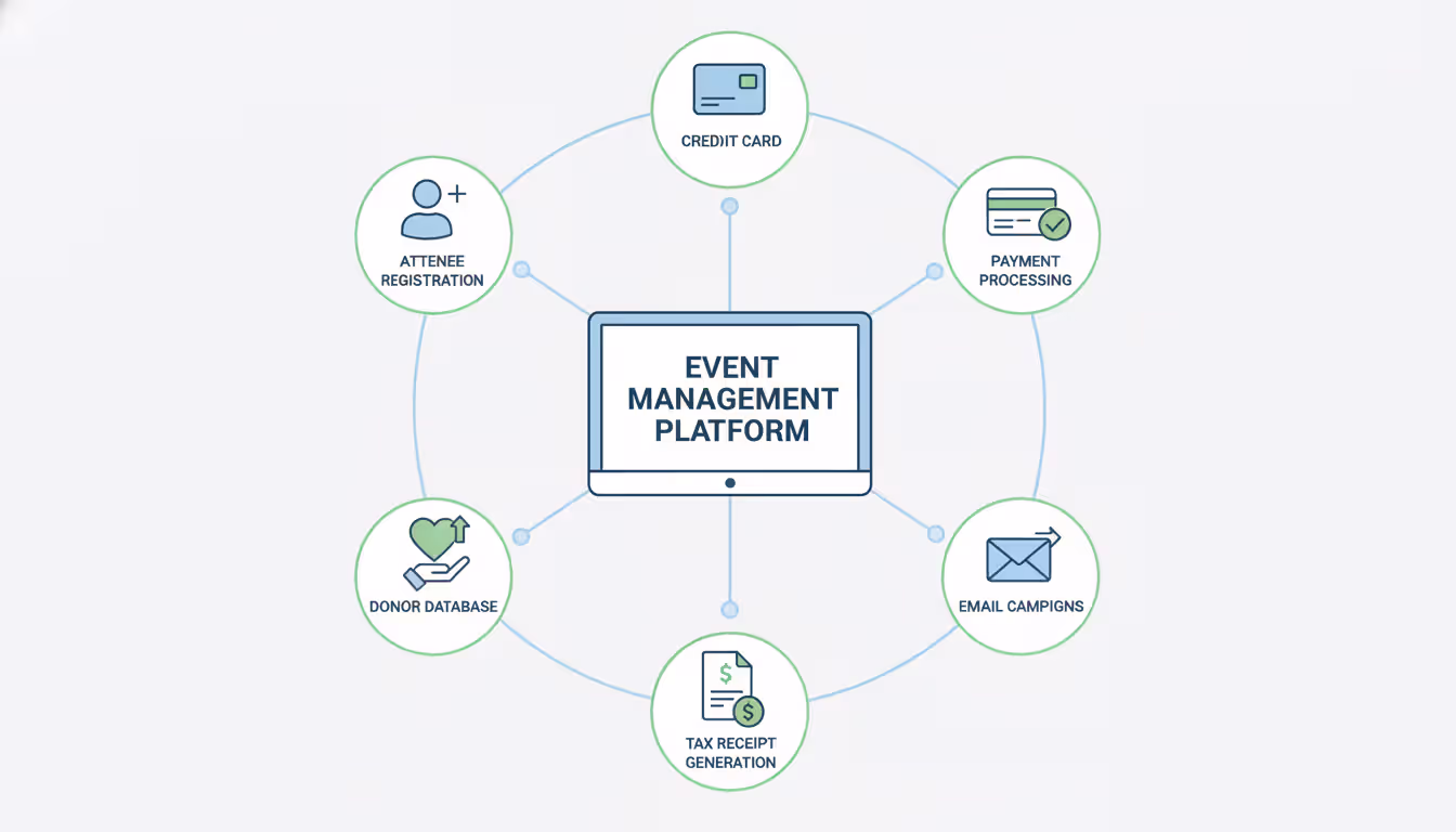 Infographic showing a central event management platform screen connected to icons representing registration, payment processing, donor database, email campaigns, and tax receipts
