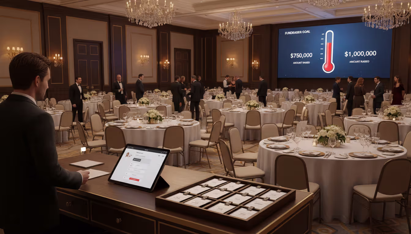 Elegant charity gala banquet hall with round tables, a registration desk with a tablet for digital check-in and badges, and a large screen displaying a fundraising thermometer in the background