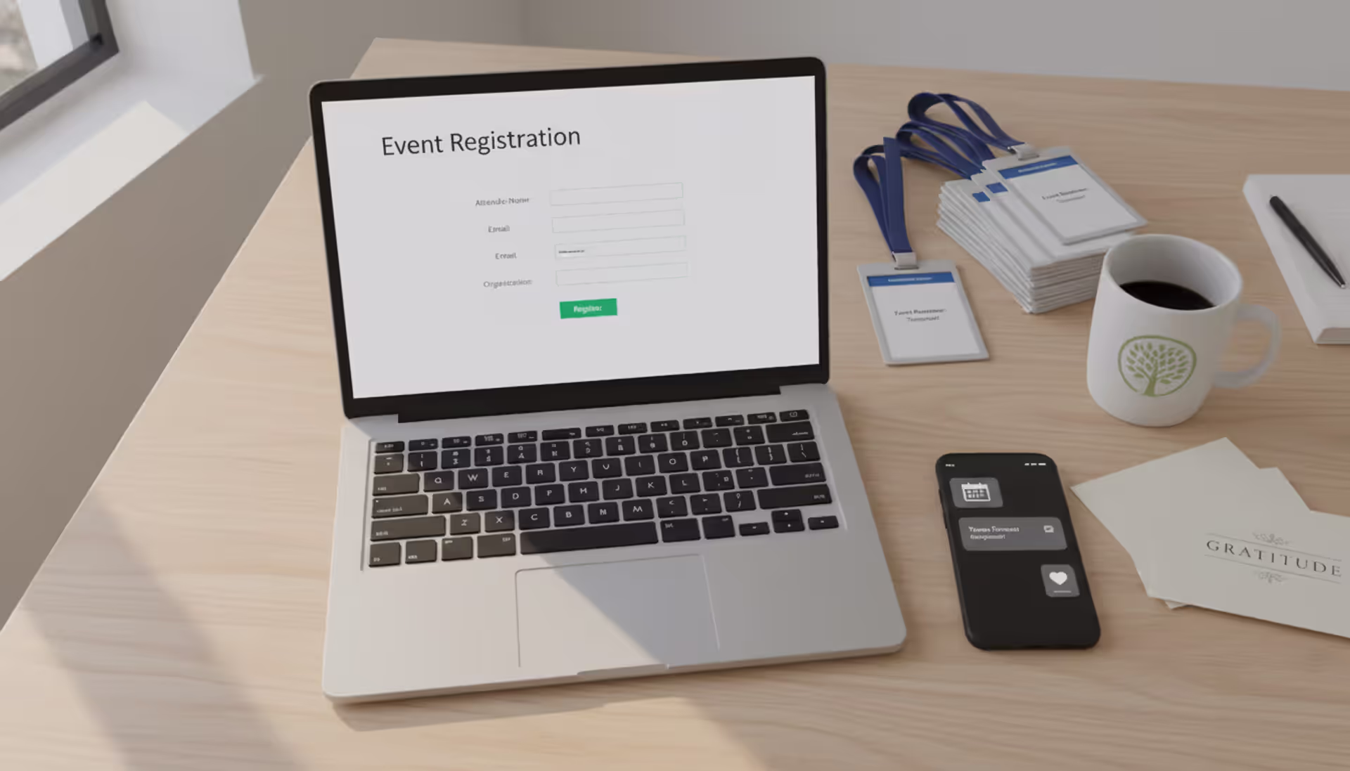 Top view of a nonprofit staff workspace with a laptop showing event registration platform, attendee badges, smartphone notifications, coffee cup, and thank-you cards