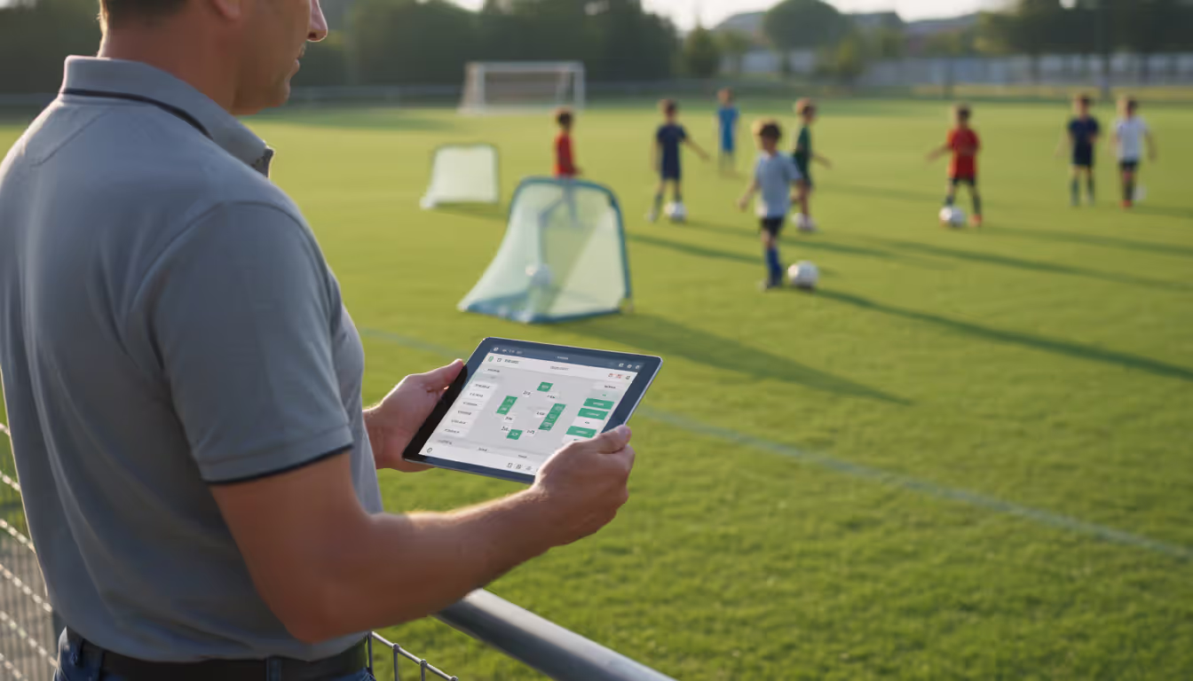 Sports event organizer holding a tablet with a digital tournament dashboard at the sideline of a youth soccer field