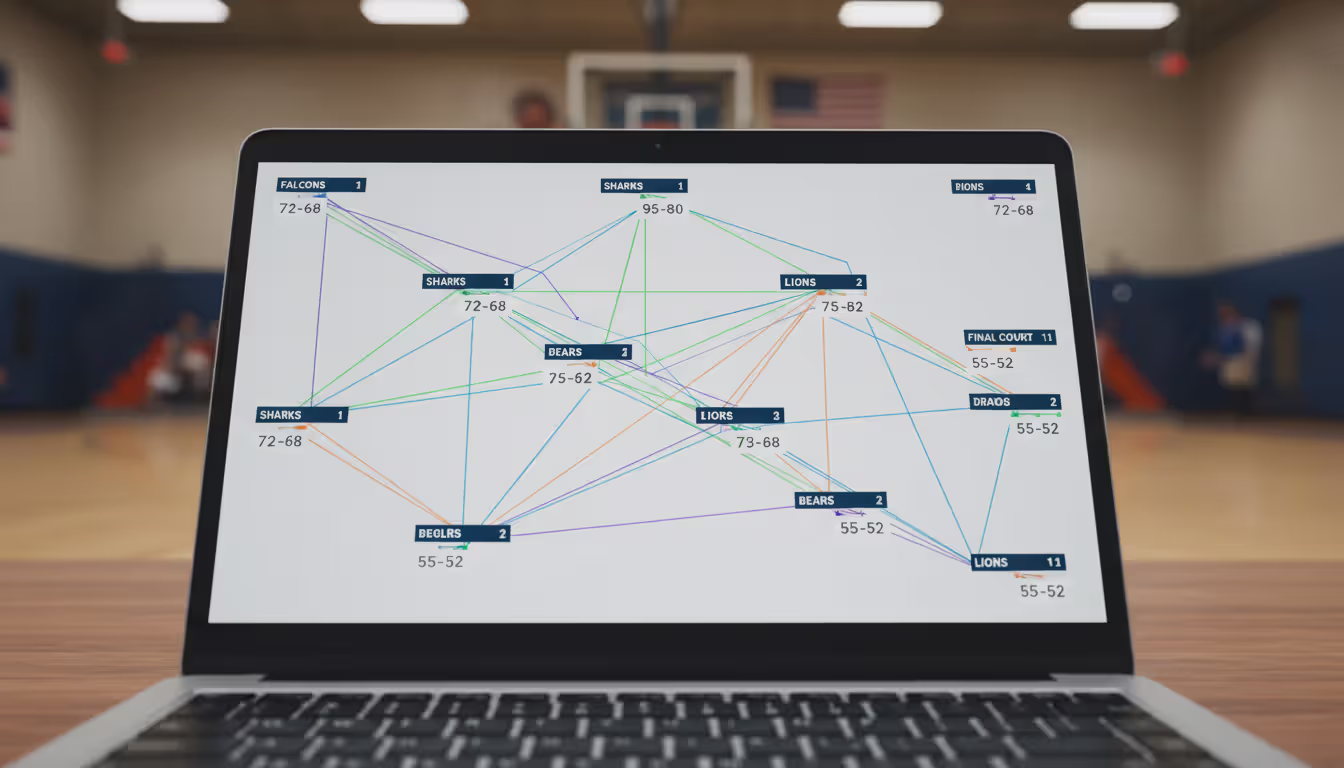 Laptop screen displaying an interactive sports tournament bracket with match results and field assignments in a gymnasium setting