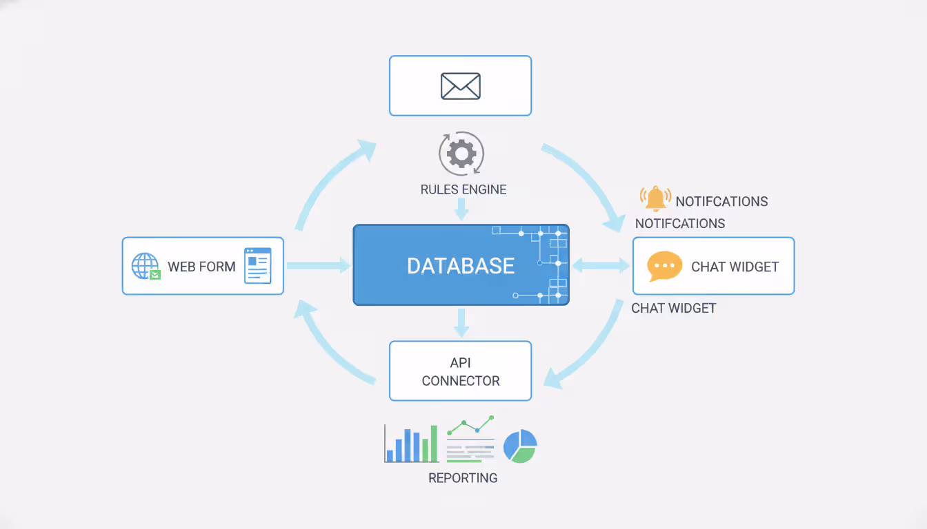 Infographic-style diagram showing automated ticketing system architecture with central database connected to intake channels, rules engine, notification layer, and reporting dashboard