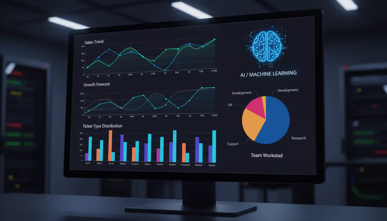 Analytics dashboard on dark-themed monitor displaying trend line charts, bar graphs of ticket distribution, team workload pie chart, and an abstract AI brain icon representing machine learning predictions