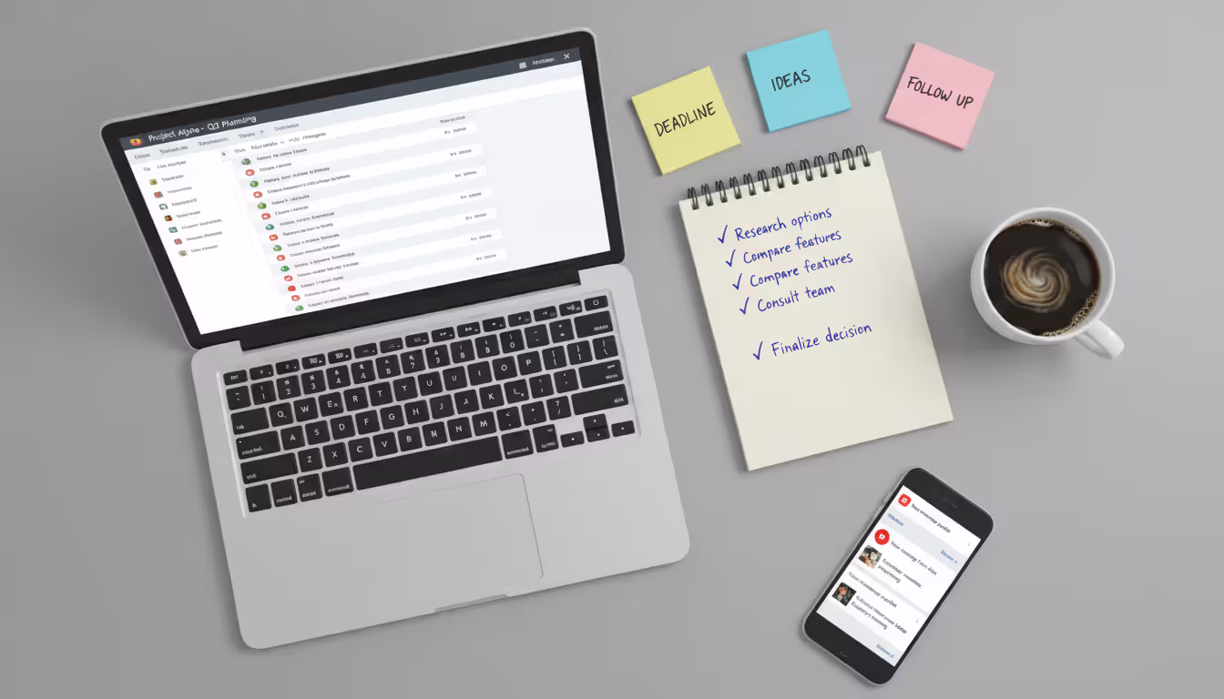 Top-down view of workspace with laptop showing ticketing system interface, notebook with checklist, coffee cup, and smartphone with notifications