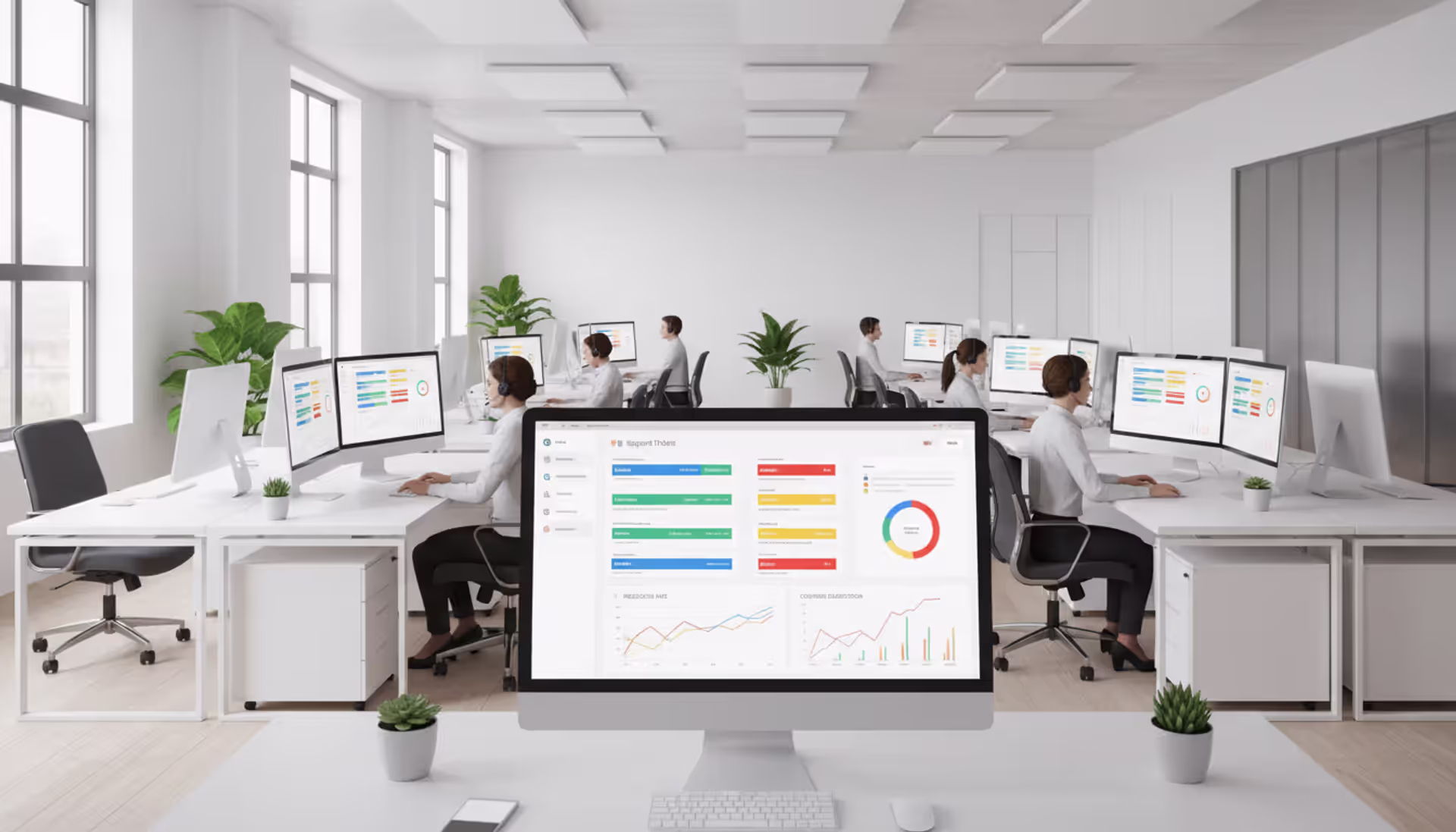 Modern open-plan office with support agents working at desks, monitors displaying colorful ticketing system dashboards and ticket cards