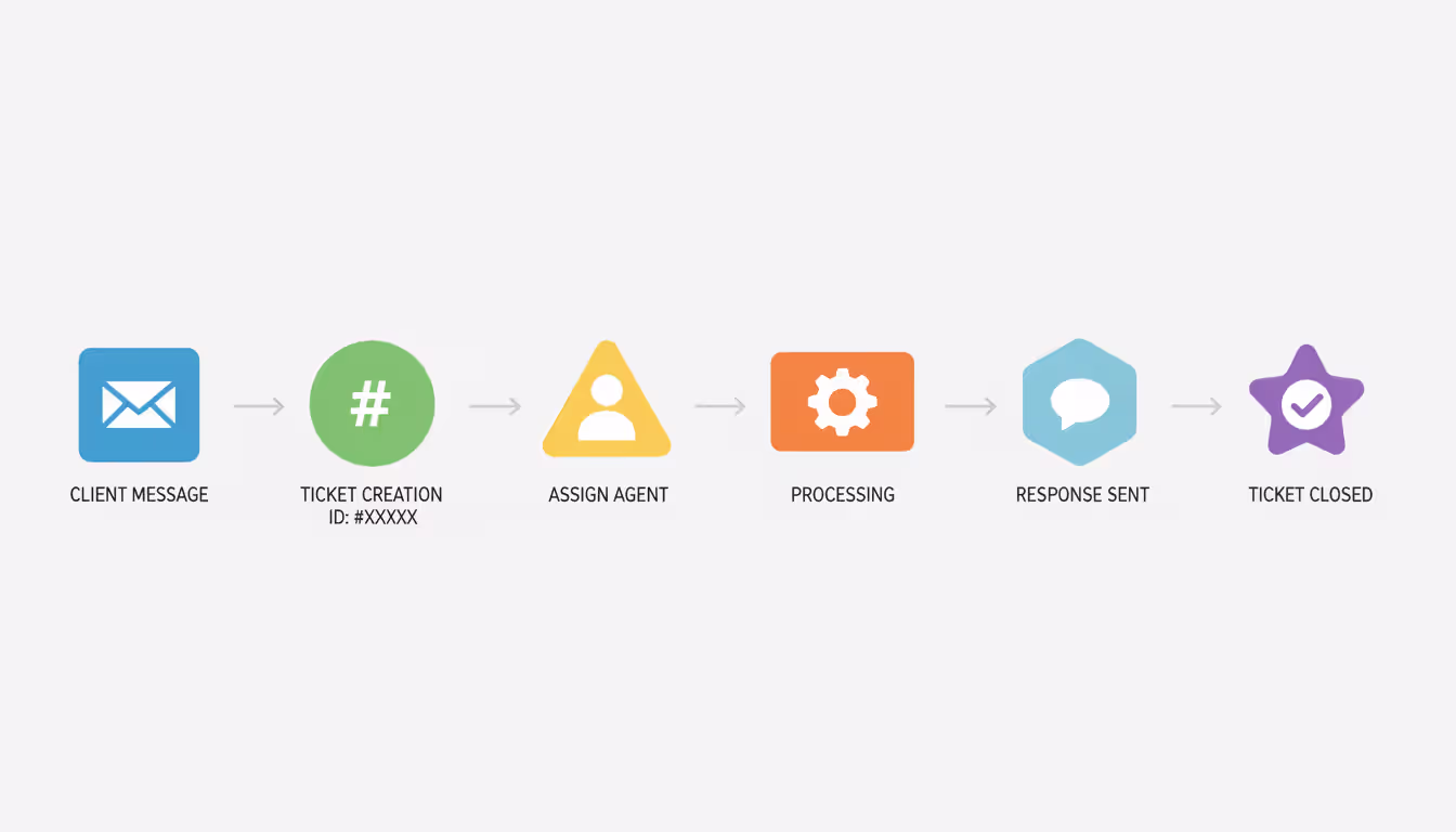 Infographic showing the lifecycle of a support ticket from customer inquiry to resolution in a flat design style