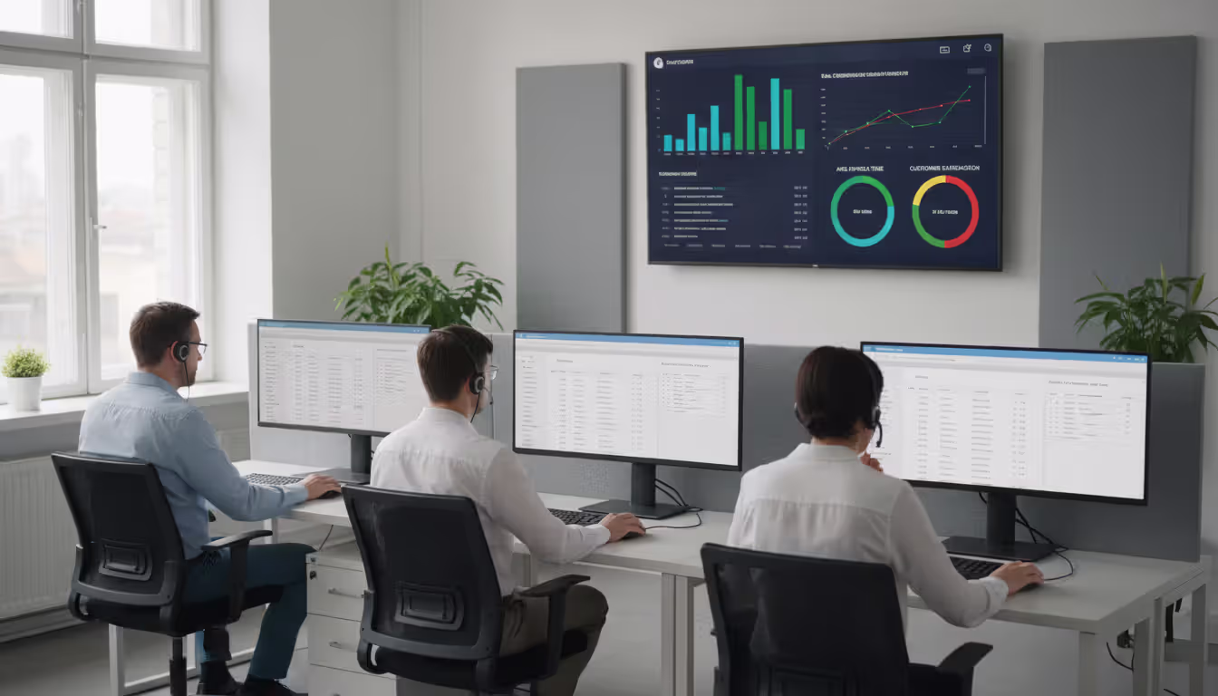 Customer support team working in an open office with monitors showing ticket dashboards and a large wall display with performance metrics