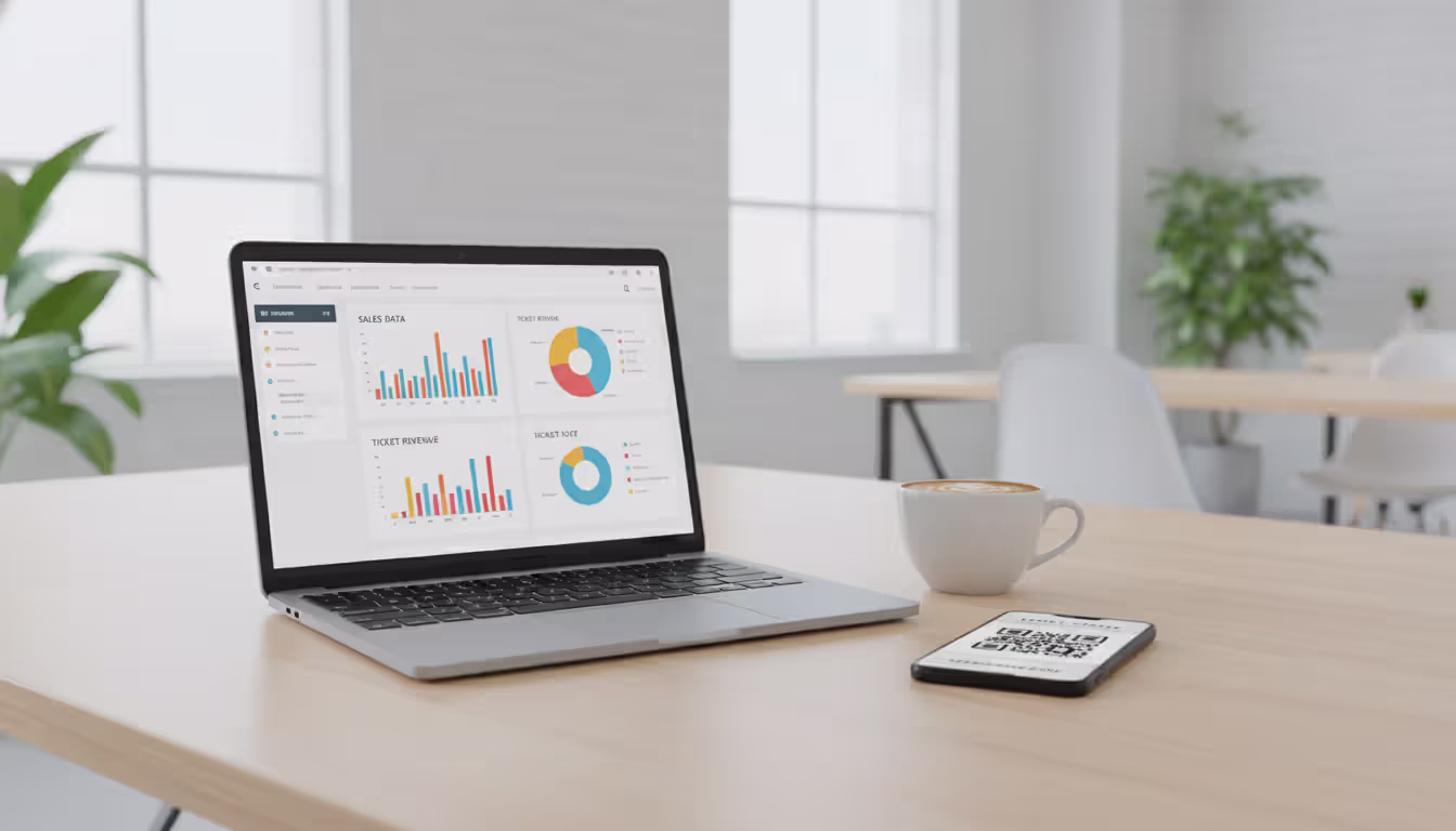Laptop on a desk showing an event management dashboard with sales charts, smartphone nearby displaying a digital ticket with QR code, modern office setting