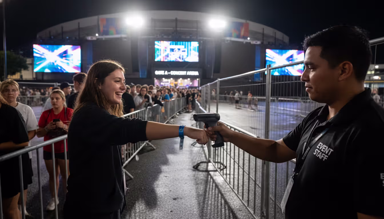 Event staff member scanning an RFID wristband on an attendee's wrist with a handheld scanner at a concert venue entrance, queue of people in the background