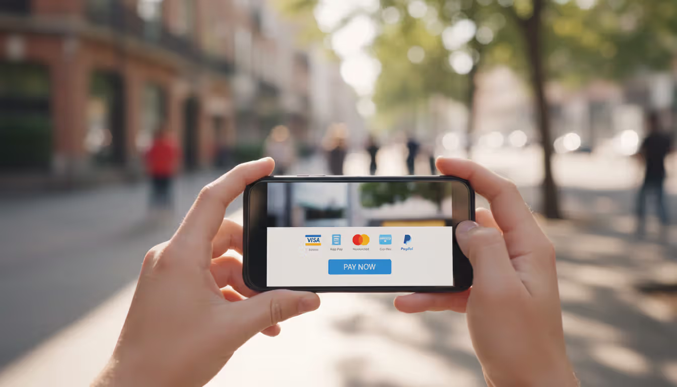 Close-up of hands holding a smartphone displaying a mobile ticket checkout screen with payment method icons, blurred urban background