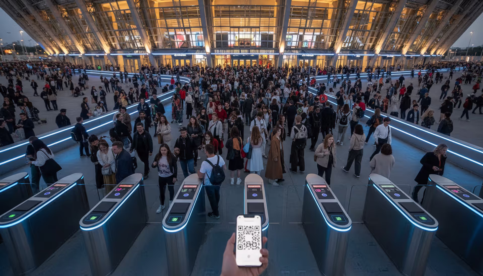 Crowd entering a modern event venue through electronic turnstiles, a person scanning a QR code on a smartphone at the gate, evening LED lighting