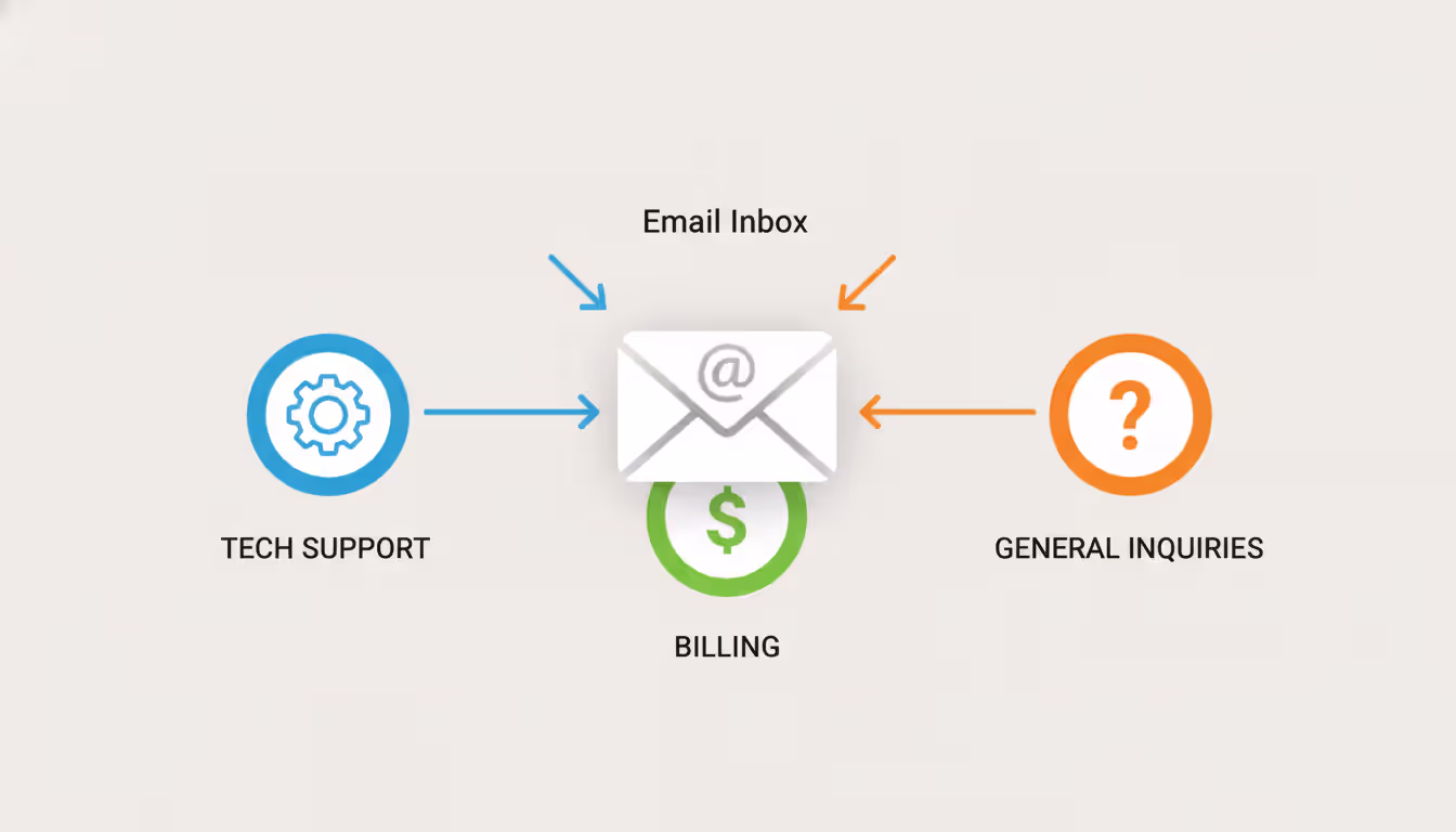 Flat infographic showing smart ticket routing from incoming email to three support team icons: technical, billing, and general inquiries