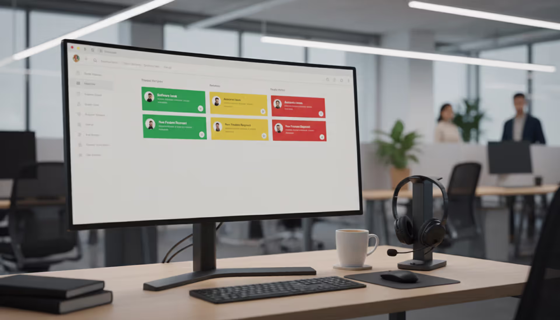 Helpdesk agent workspace with monitor displaying colorful ticket management dashboard, headset, and coffee mug on modern office desk