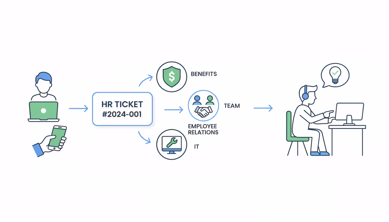 Infographic showing HR ticket workflow from employee request submission through automated routing to specialized HR team resolution