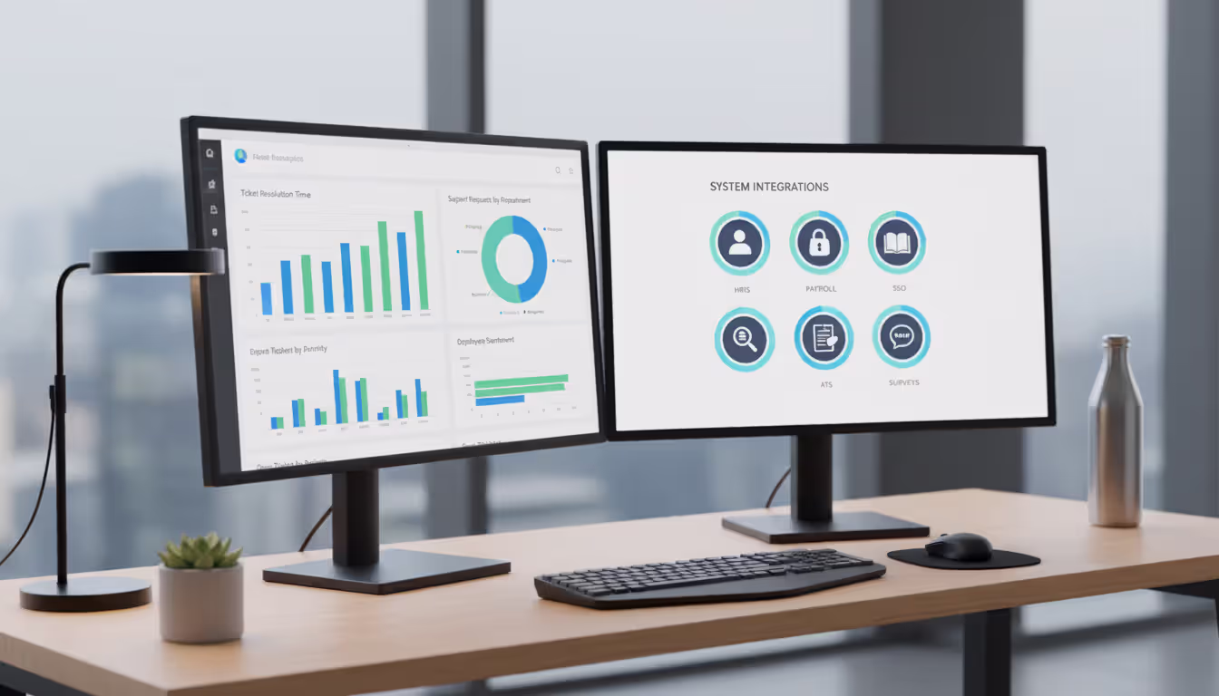 HR manager workspace with dual monitors displaying ticket analytics dashboard with charts and system integration panel