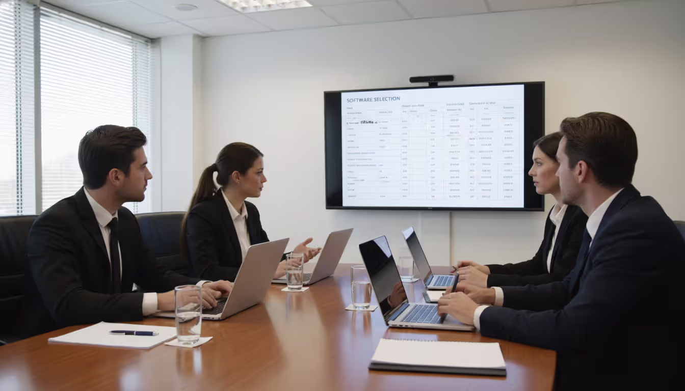 Business team in a meeting room evaluating and comparing HR ticketing software options displayed on a wall screen