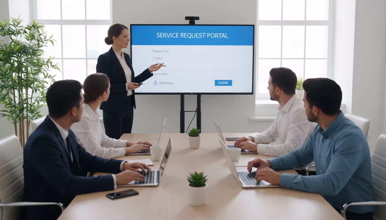 HR trainer conducting employee onboarding session for a new ticketing system with a portal interface shown on a large screen