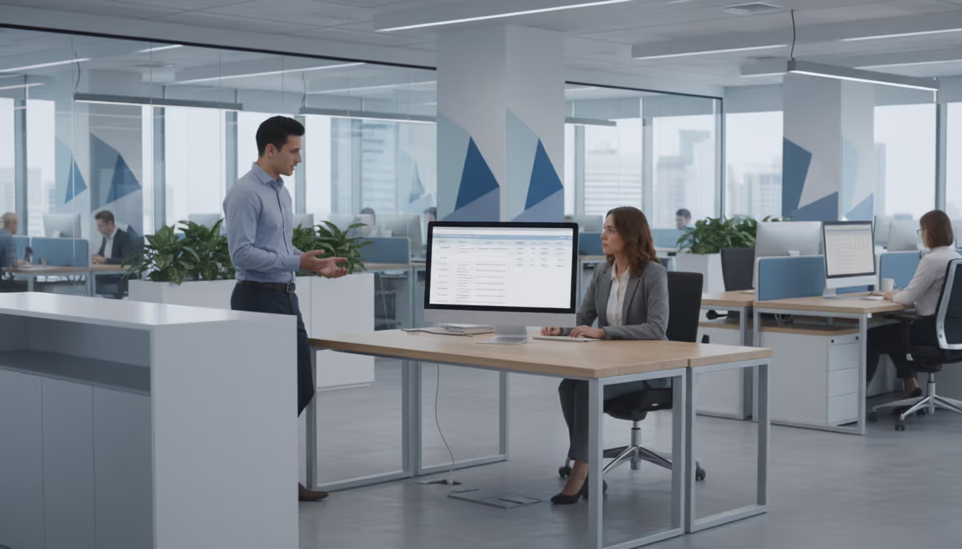 Modern office with HR specialist using a ticketing system dashboard on a computer monitor while an employee approaches the HR service desk