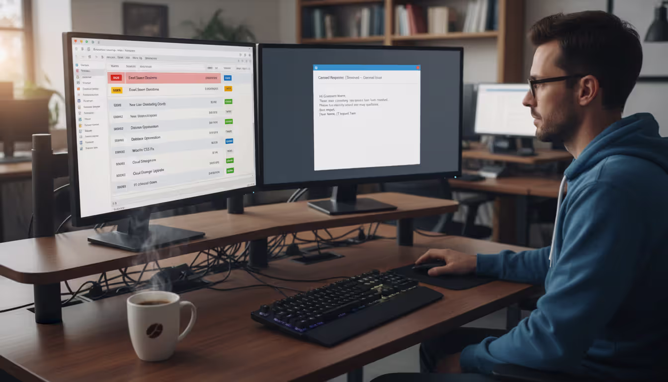 IT support specialist at a dual-monitor workstation with a ticket queue showing auto-assigned tags on one screen and a pre-written canned response template on the other screen
