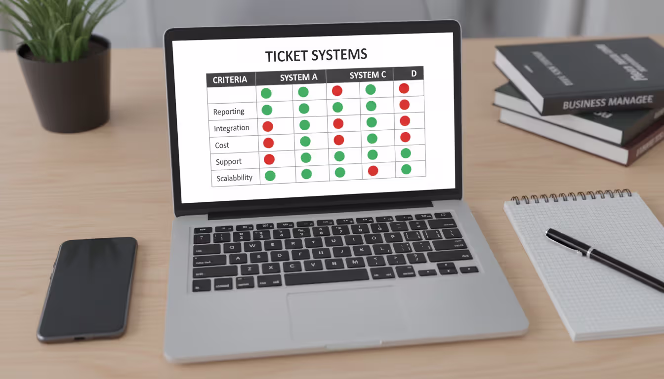 Top-down view of a manager's desk with a laptop showing a vendor comparison matrix with color-coded criteria scores, notepad and smartphone beside it