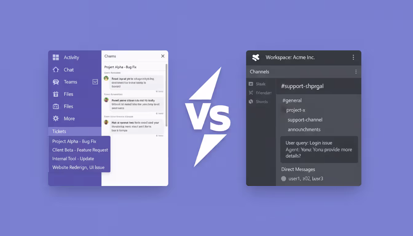Split-screen comparison of Microsoft Teams ticketing interface on left side and Slack support channel interface on right side with versus divider