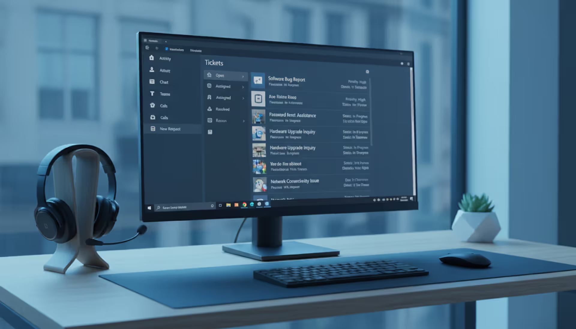 Modern office desk with monitor showing Microsoft Teams ticketing interface with support ticket list and status dashboard