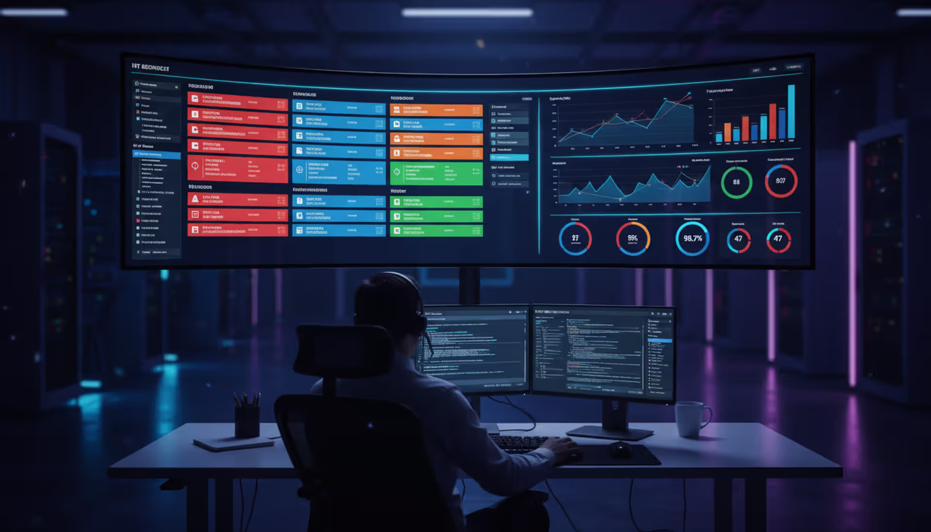 MSP ticketing system dashboard displayed on a wide monitor in a modern dark IT operations center with blue ambient lighting