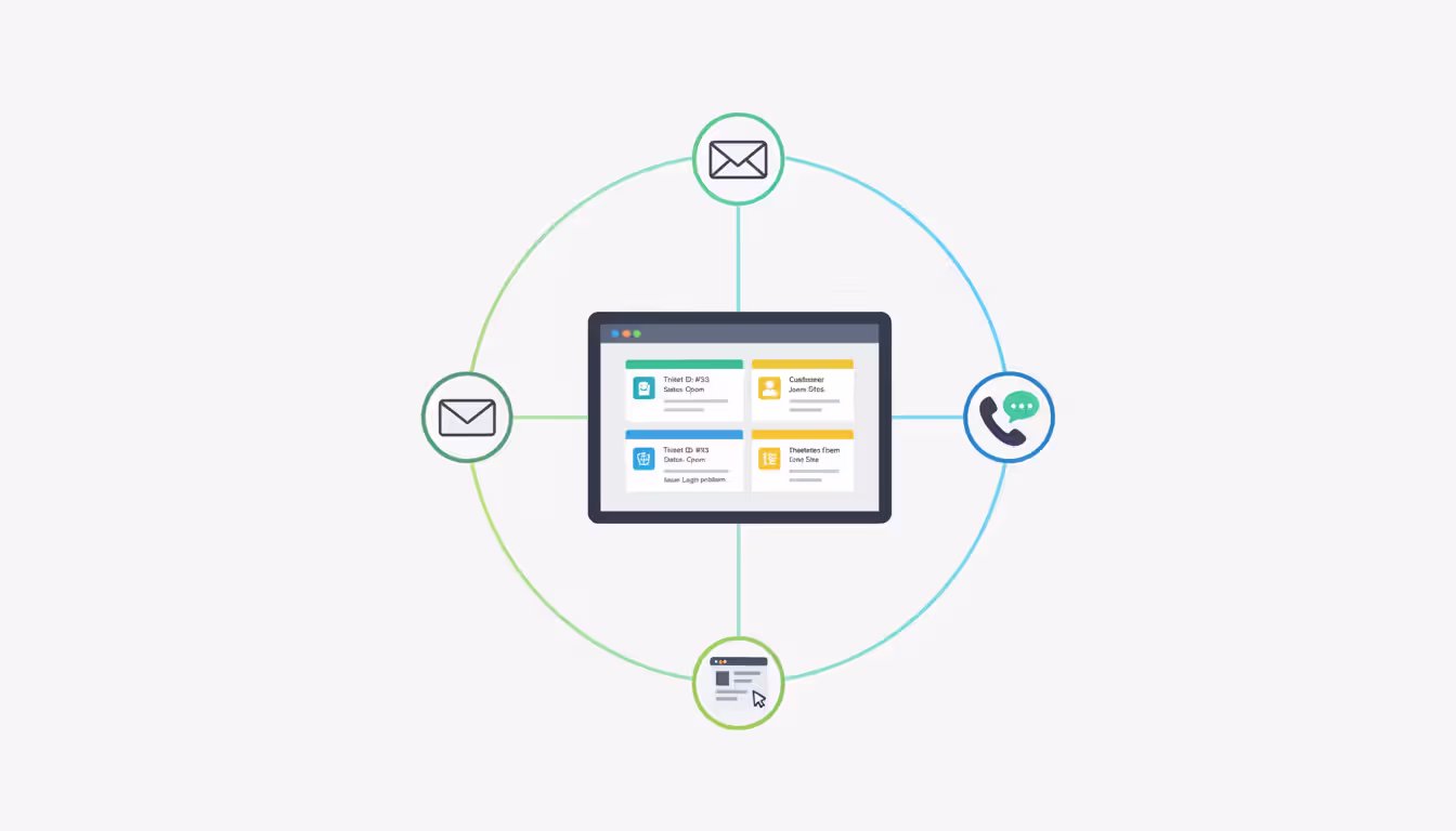 Infographic showing multi-channel ticket system with email, chat, phone, and web form icons connected to a central unified support dashboard