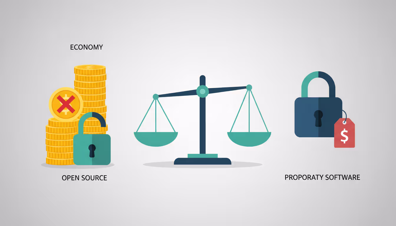 Flat illustration comparing open source and proprietary ticketing solutions with balance scales tipping toward the open source side, showing cost savings and flexibility