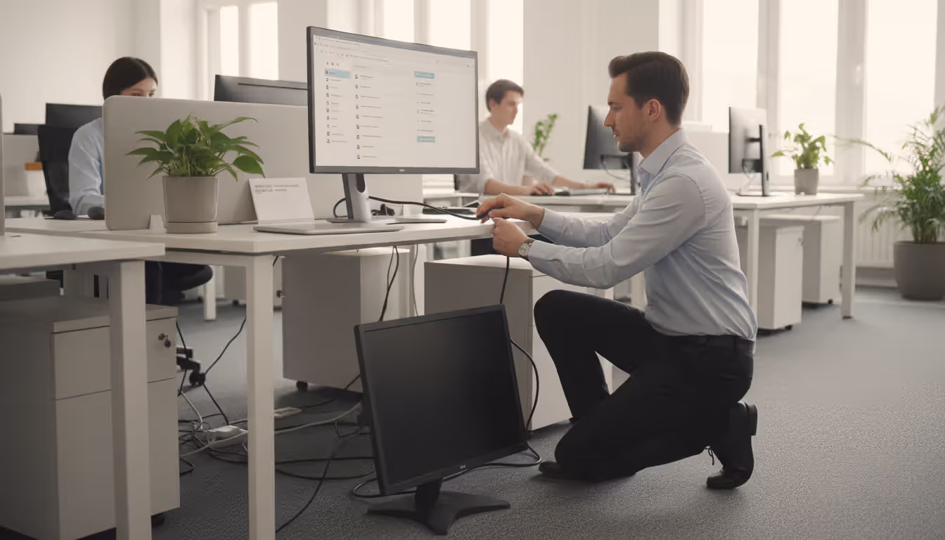 IT technician replacing a computer monitor at an employee desk in an office, laptop showing a ticketing system interface on the desk, old monitor on the floor nearby